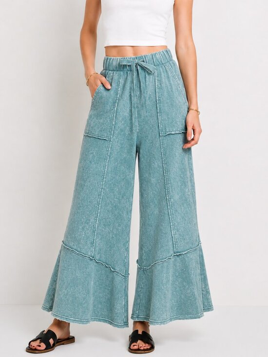 Zenana Outfitters Pants - Zenana Mineral Wash Cotton Wide Leg Boho Pants Raw Seam Ruffle Hem